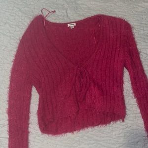 pink fuzzy cardigan